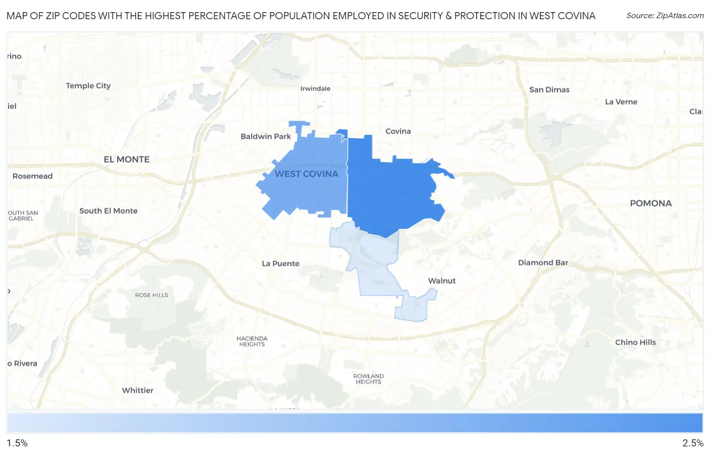 Zip Codes with the Highest Percentage of Population Employed in Security & Protection in West Covina Map
