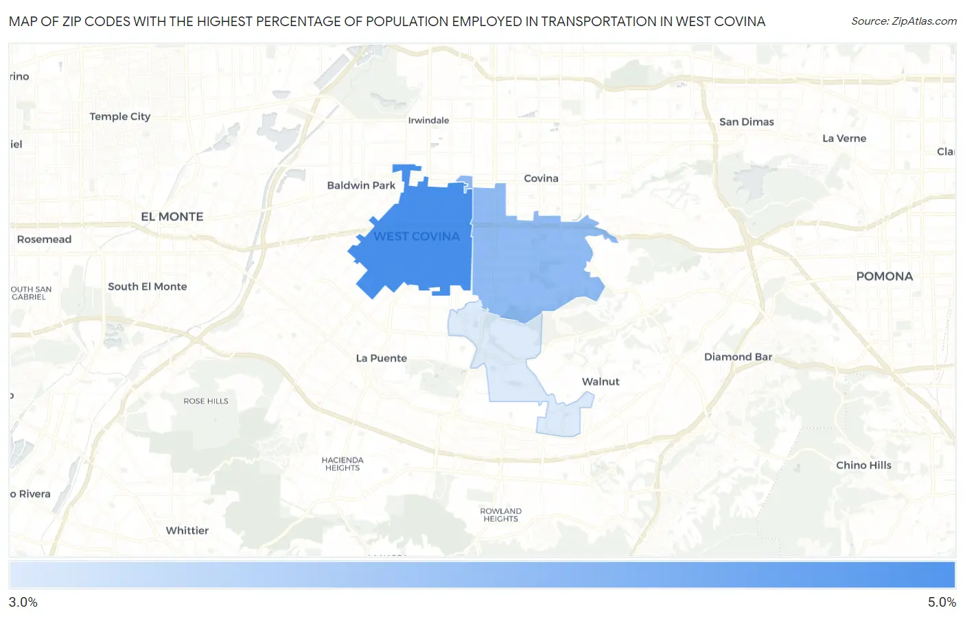 Zip Codes with the Highest Percentage of Population Employed in Transportation in West Covina Map