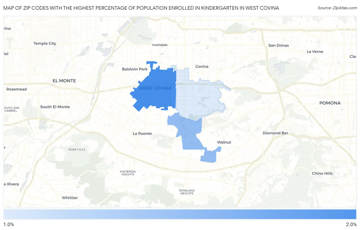 Zip Codes with the Highest Percentage of Population Enrolled in Kindergarten in West Covina Map
