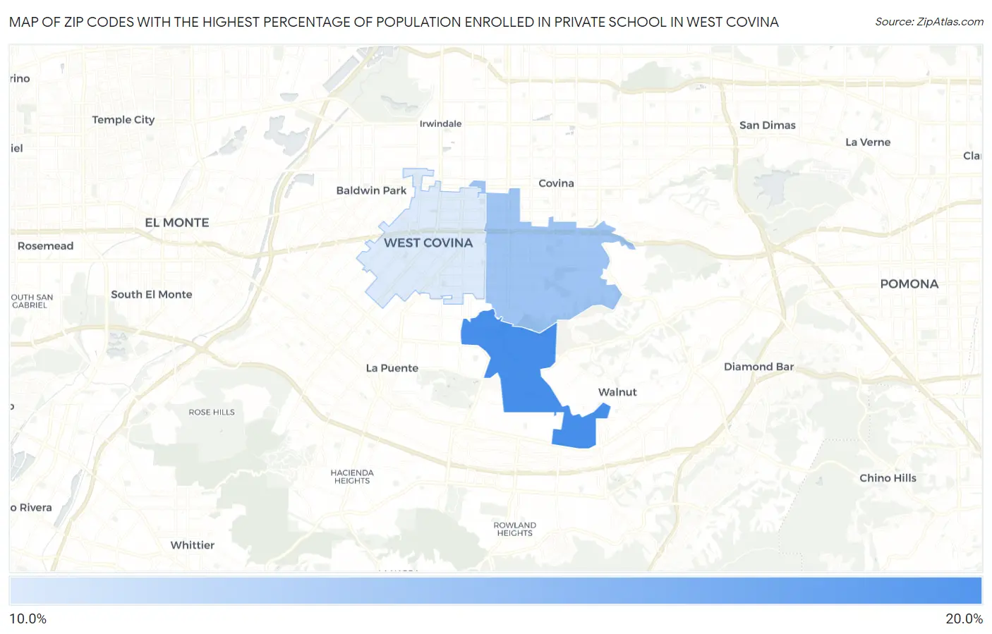 Zip Codes with the Highest Percentage of Population Enrolled in Private School in West Covina Map