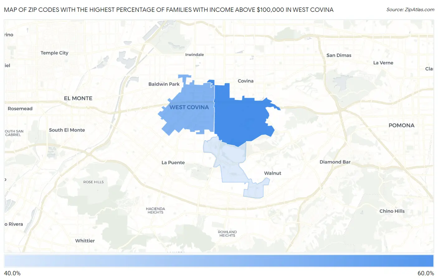 Zip Codes with the Highest Percentage of Families with Income Above $100,000 in West Covina Map