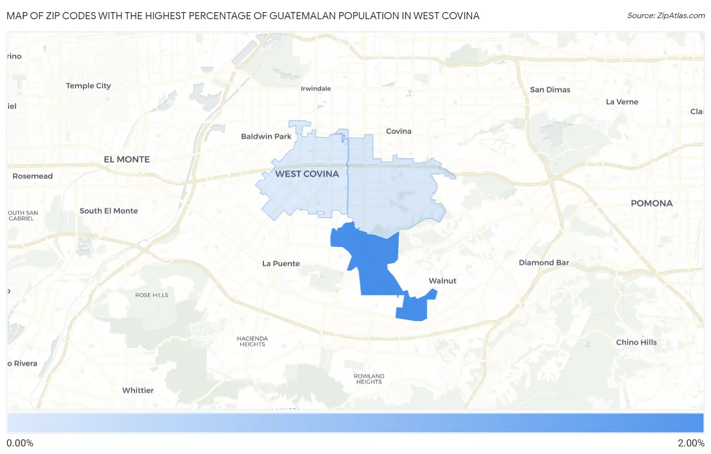 Zip Codes with the Highest Percentage of Guatemalan Population in West Covina Map