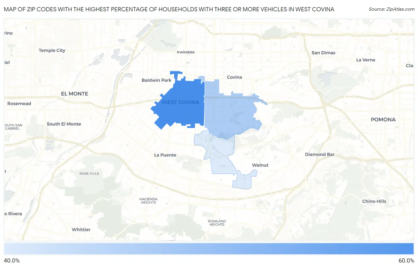 Zip Codes with the Highest Percentage of Households With Three or more Vehicles in West Covina Map