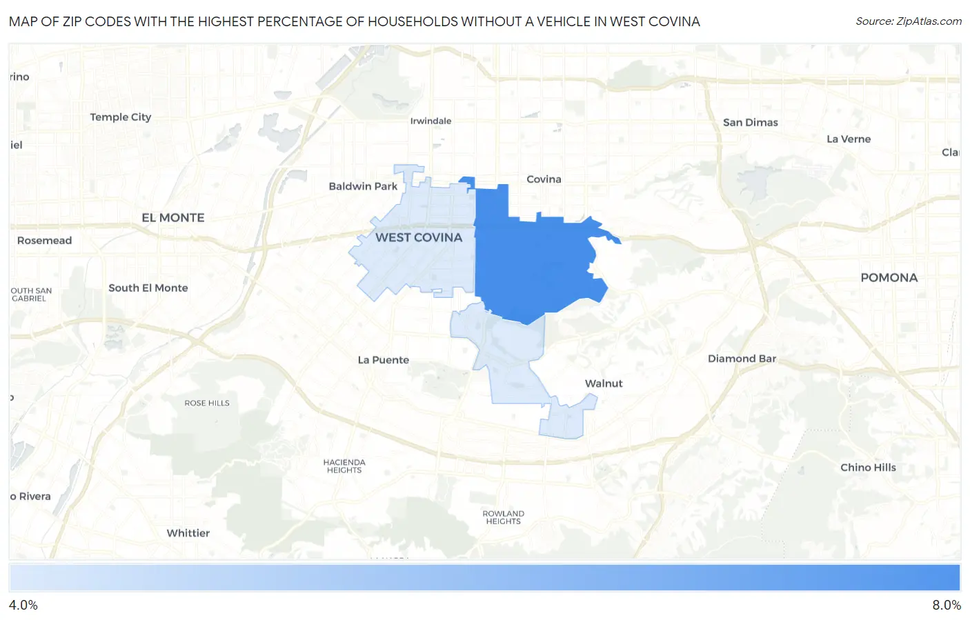 Zip Codes with the Highest Percentage of Households Without a Vehicle in West Covina Map