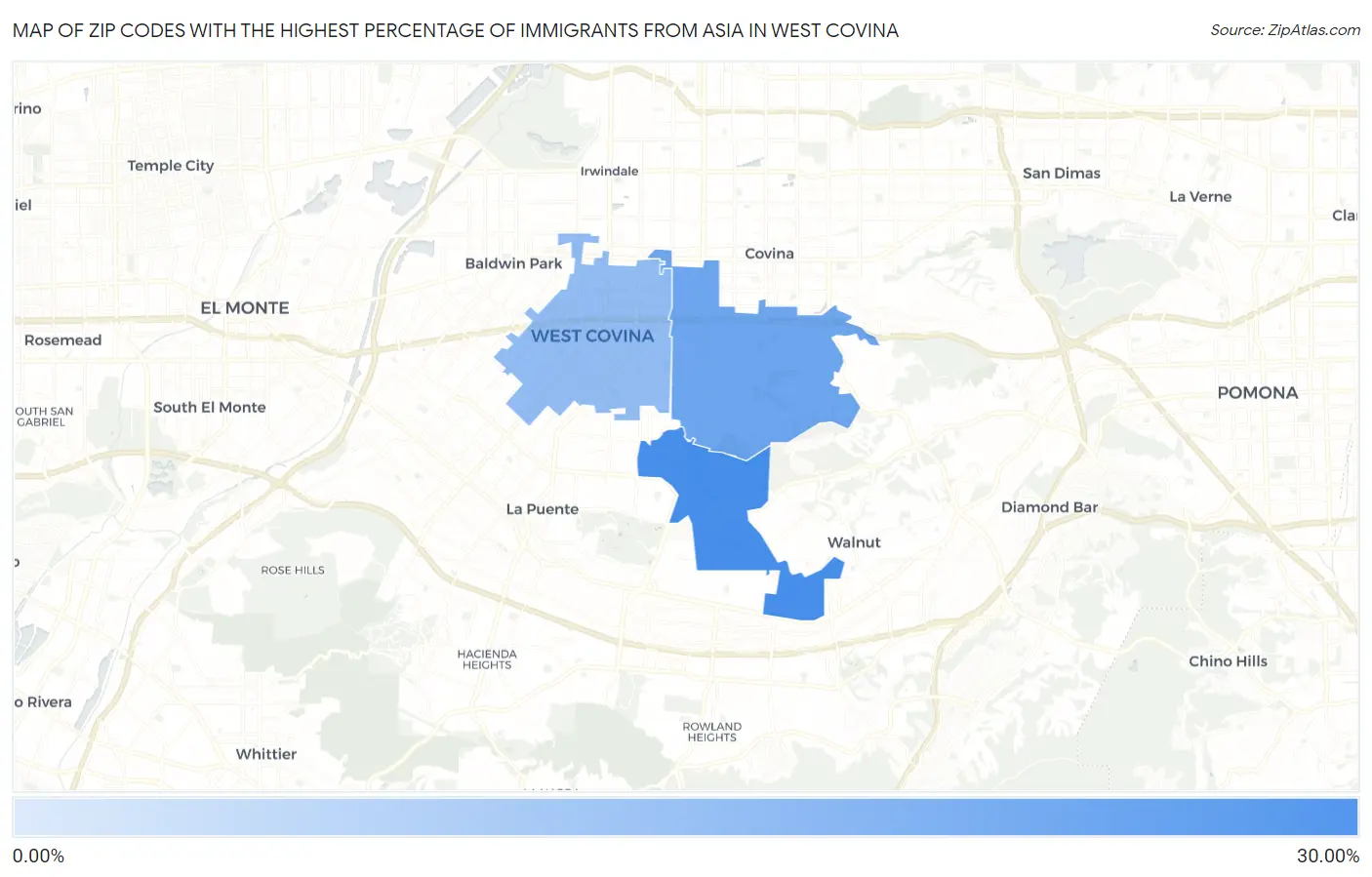 Zip Codes with the Highest Percentage of Immigrants from Asia in West Covina Map