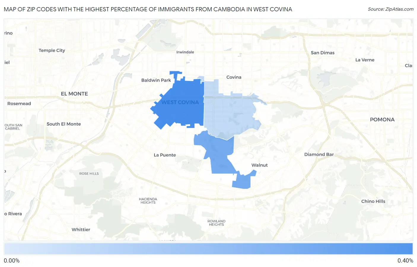 Zip Codes with the Highest Percentage of Immigrants from Cambodia in West Covina Map