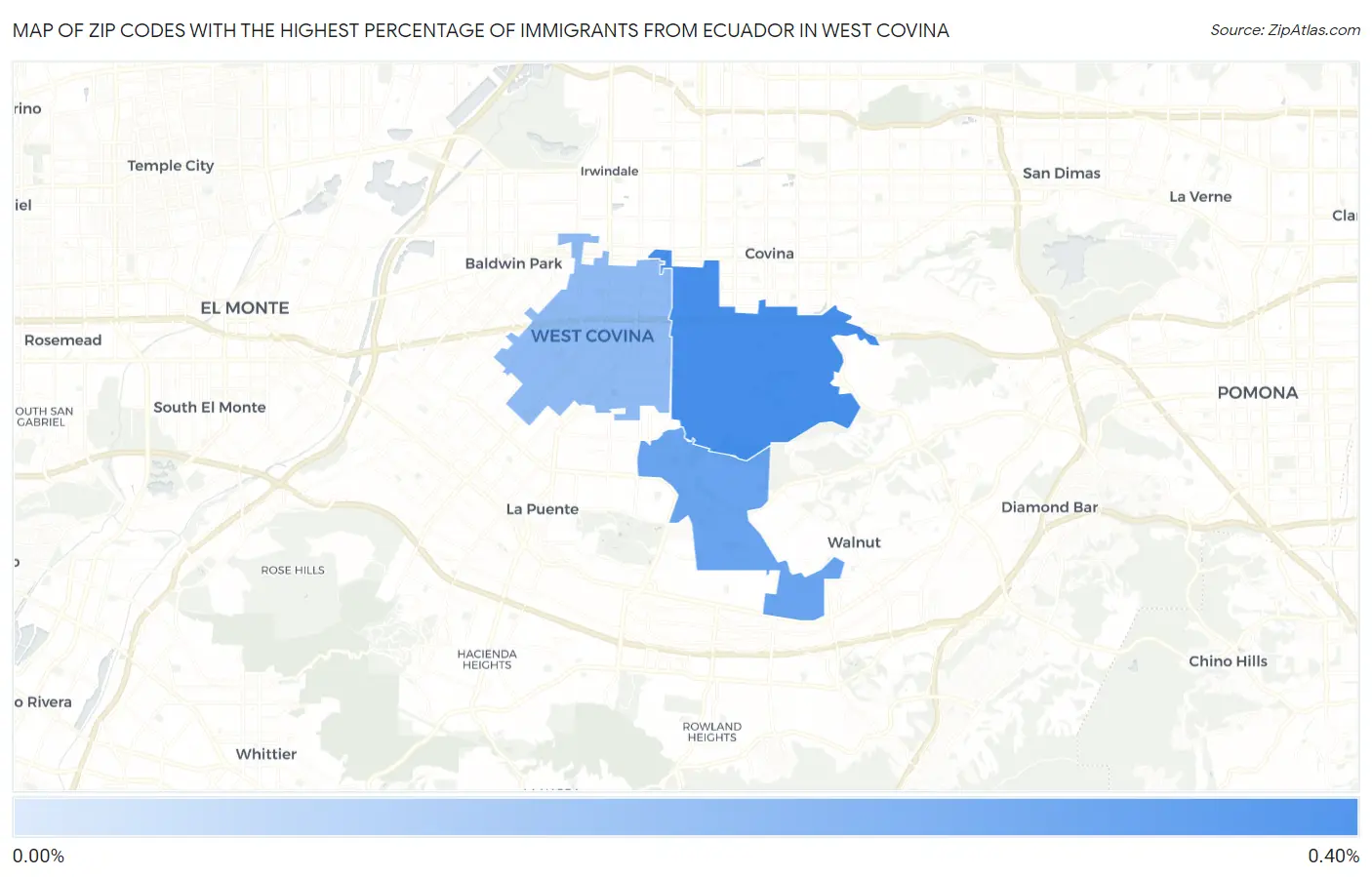 Zip Codes with the Highest Percentage of Immigrants from Ecuador in West Covina Map