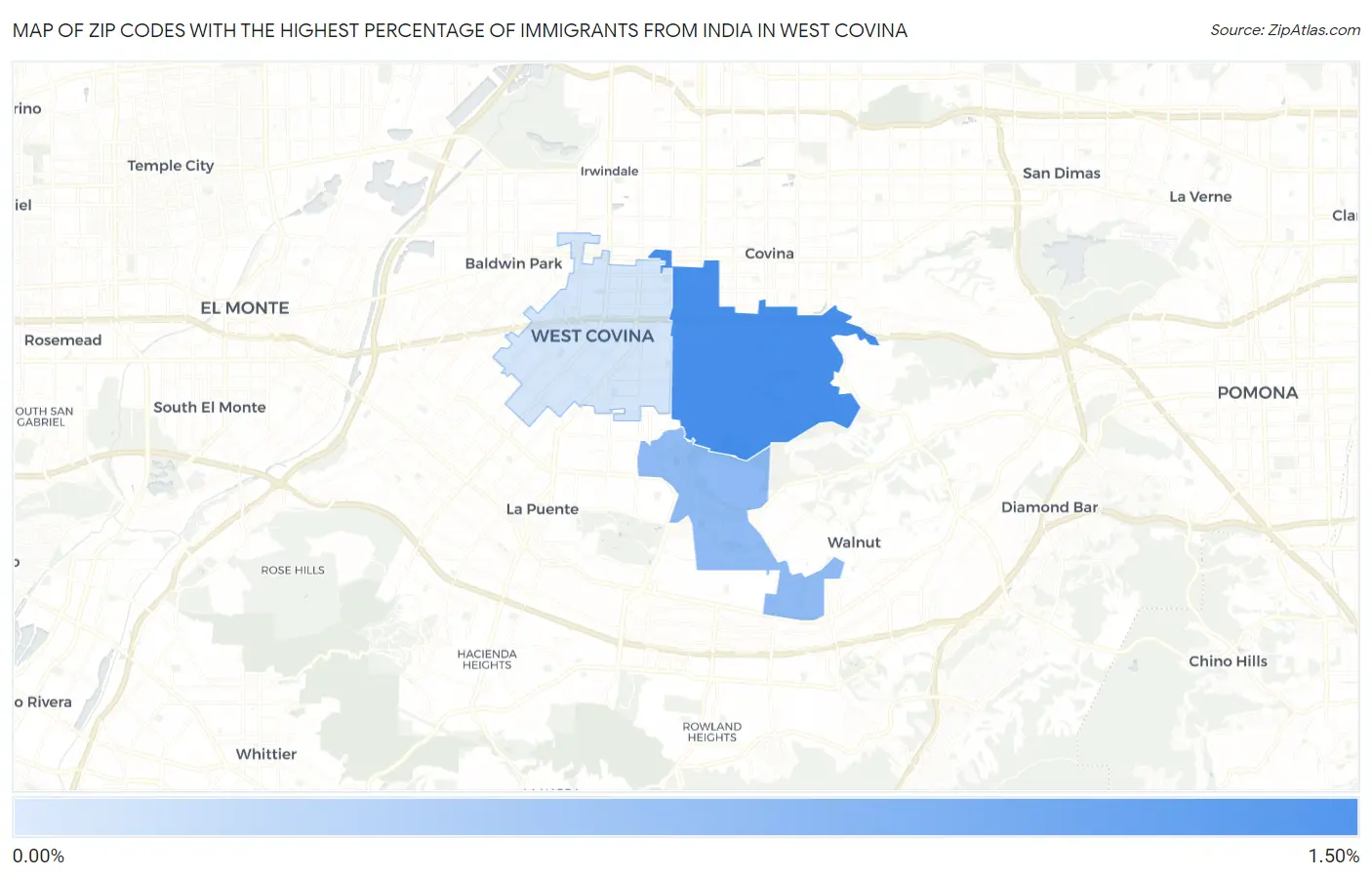 Zip Codes with the Highest Percentage of Immigrants from India in West Covina Map