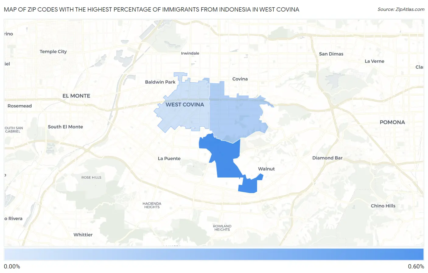 Zip Codes with the Highest Percentage of Immigrants from Indonesia in West Covina Map