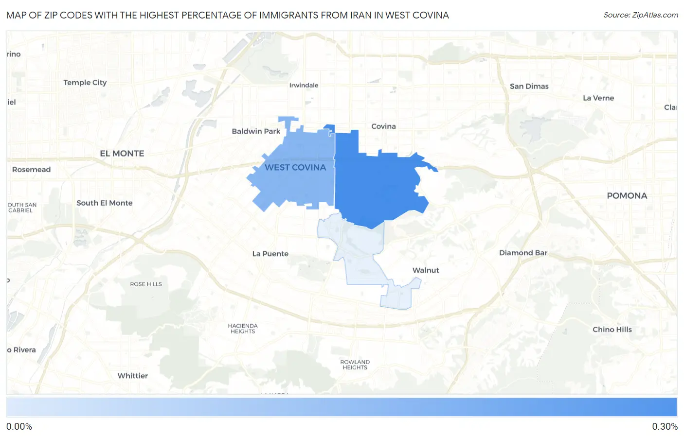 Zip Codes with the Highest Percentage of Immigrants from Iran in West Covina Map