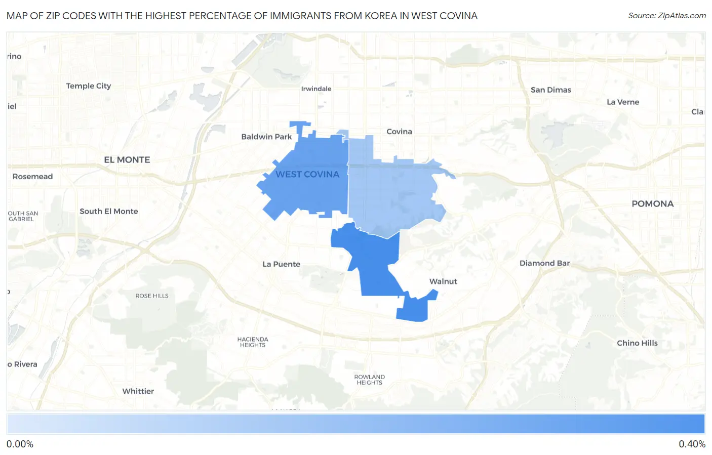 Zip Codes with the Highest Percentage of Immigrants from Korea in West Covina Map