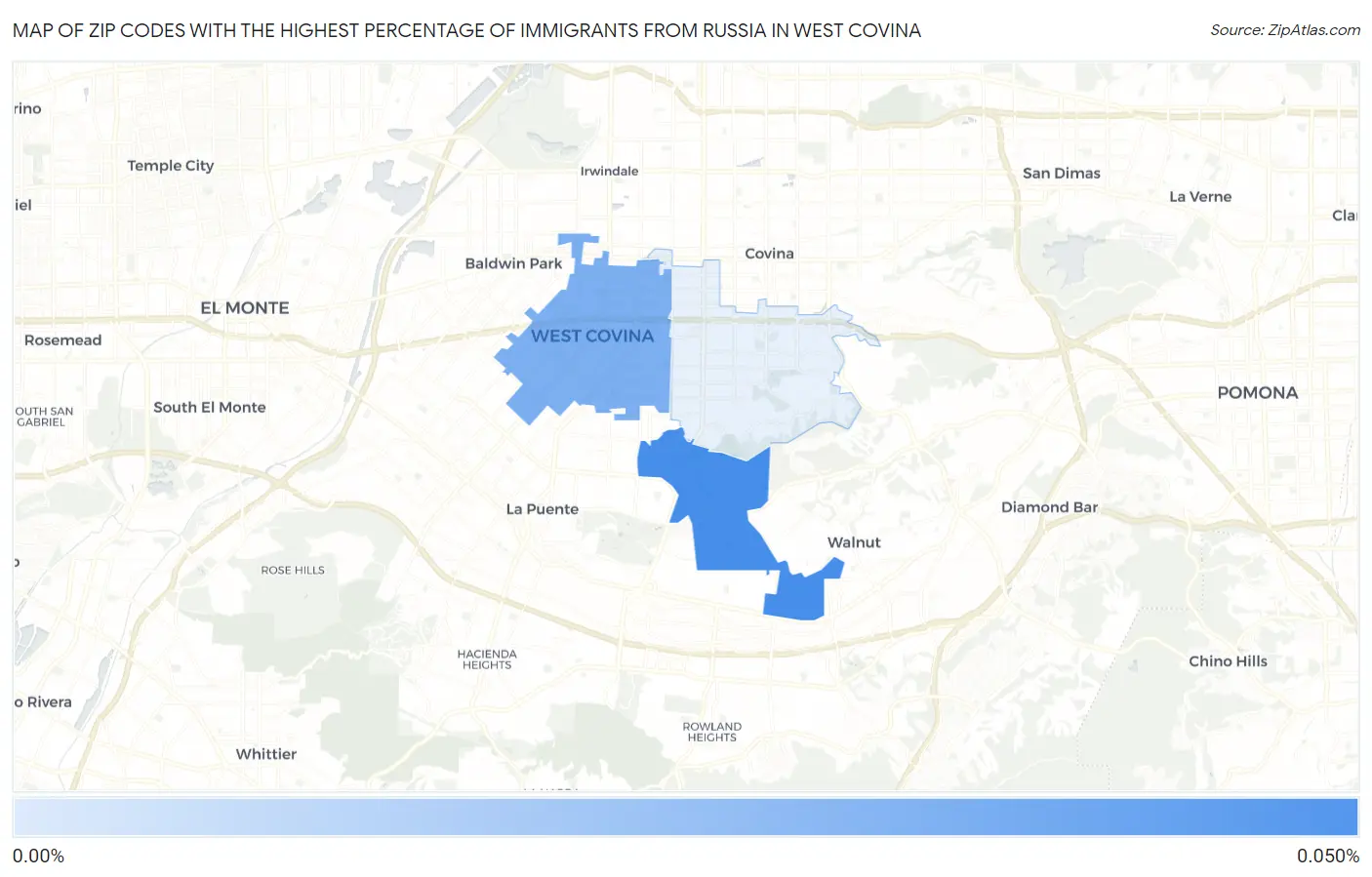 Zip Codes with the Highest Percentage of Immigrants from Russia in West Covina Map