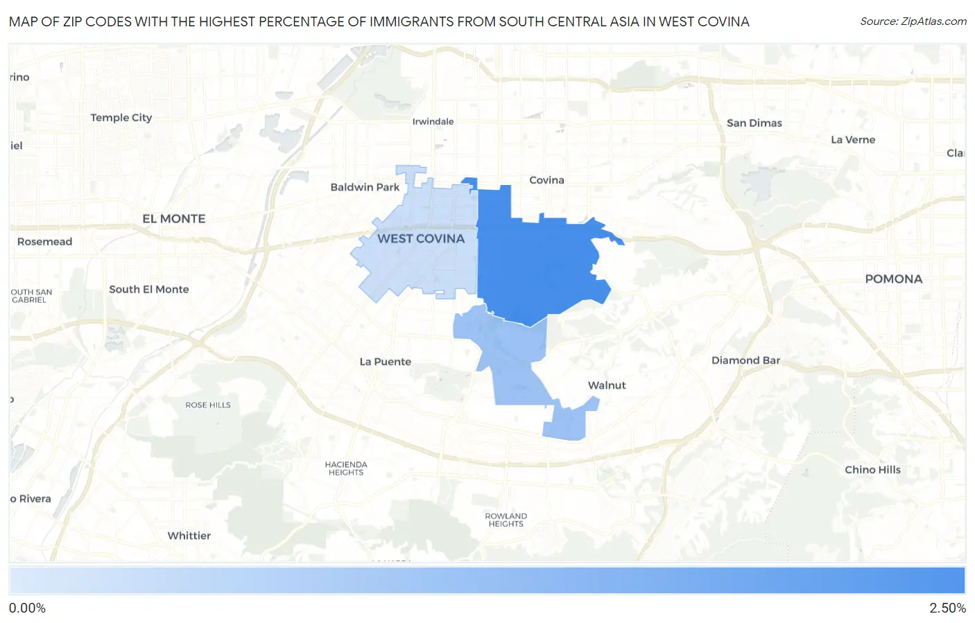 Zip Codes with the Highest Percentage of Immigrants from South Central Asia in West Covina Map