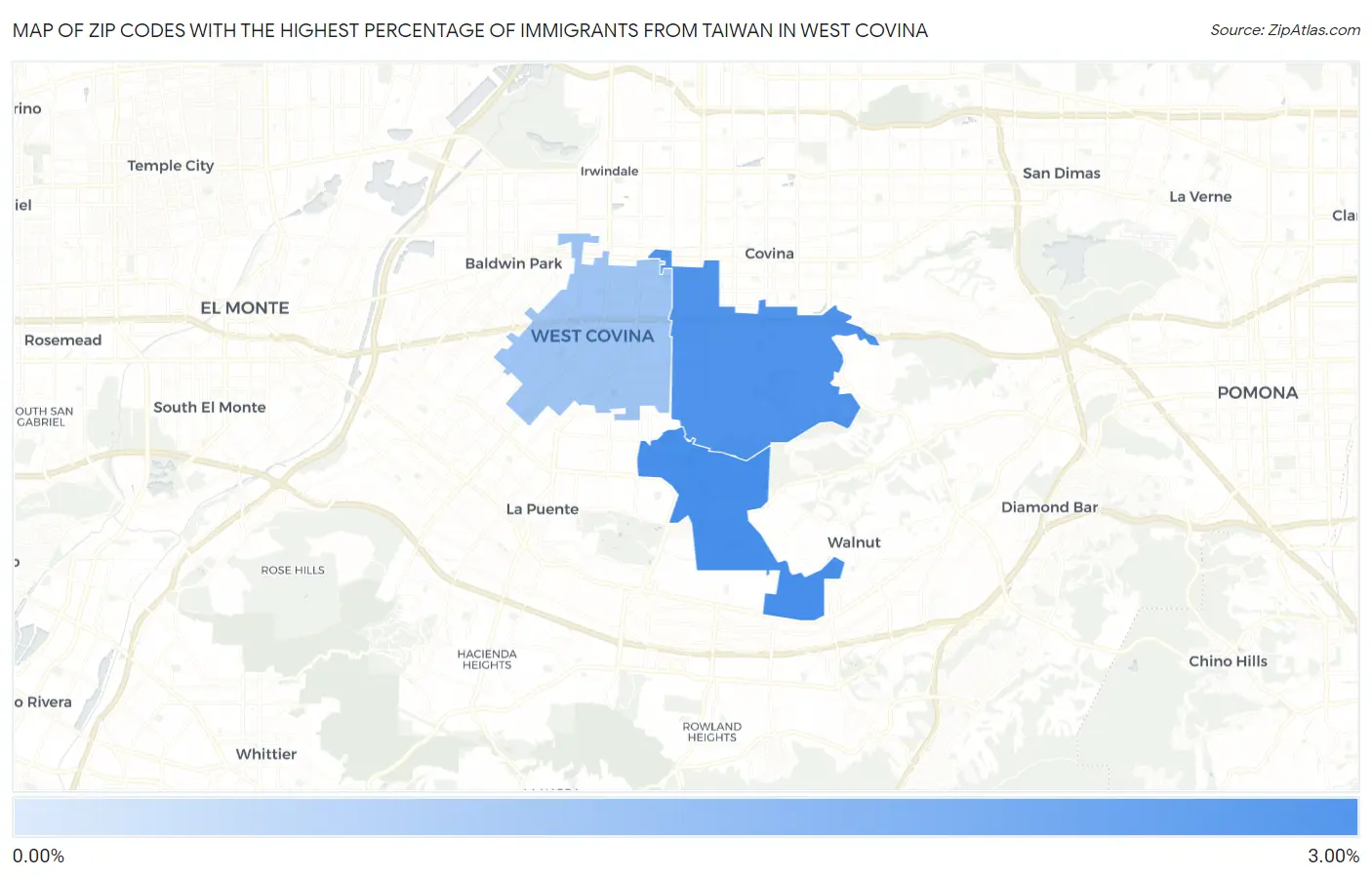 Zip Codes with the Highest Percentage of Immigrants from Taiwan in West Covina Map