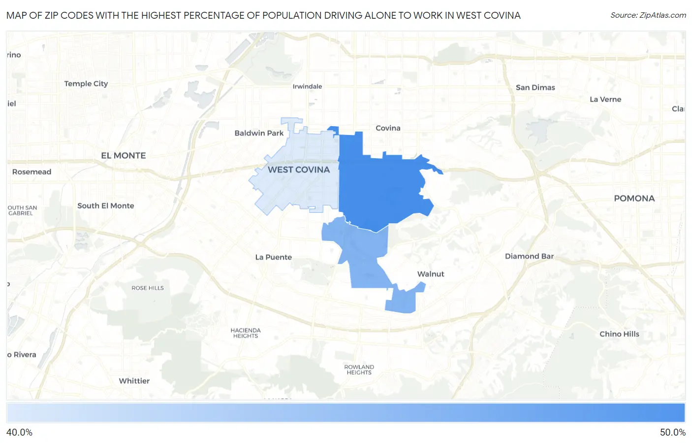 Zip Codes with the Highest Percentage of Population Driving Alone to Work in West Covina Map