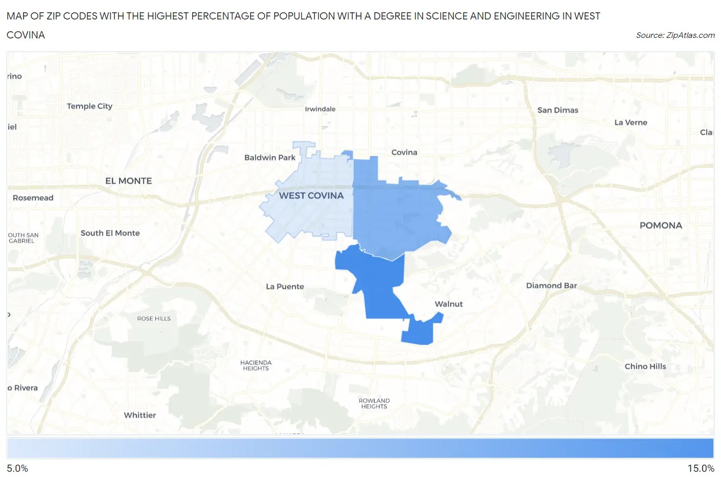 Zip Codes with the Highest Percentage of Population with a Degree in Science and Engineering in West Covina Map