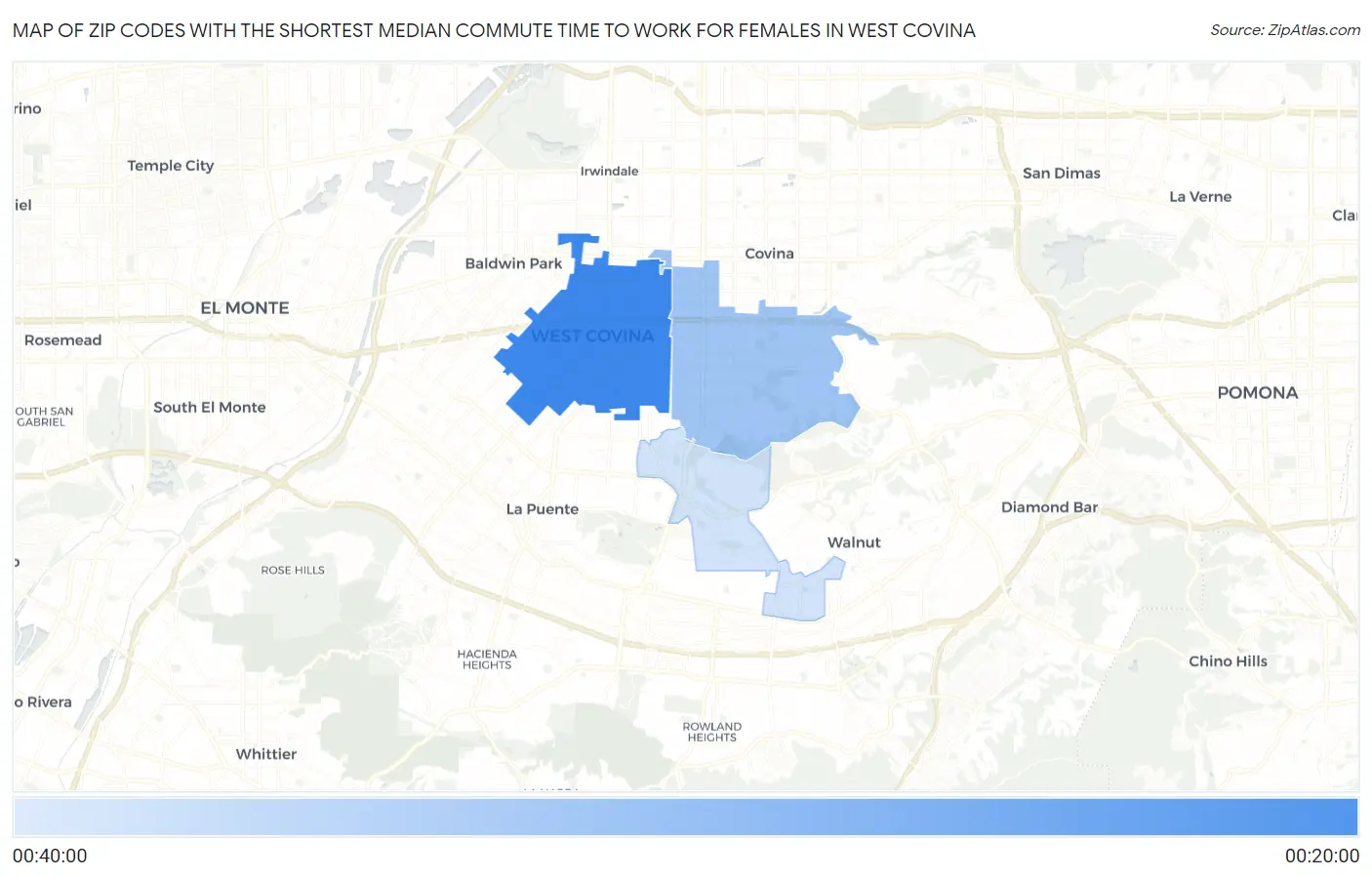 Zip Codes with the Shortest Median Commute Time to Work for Females in West Covina Map