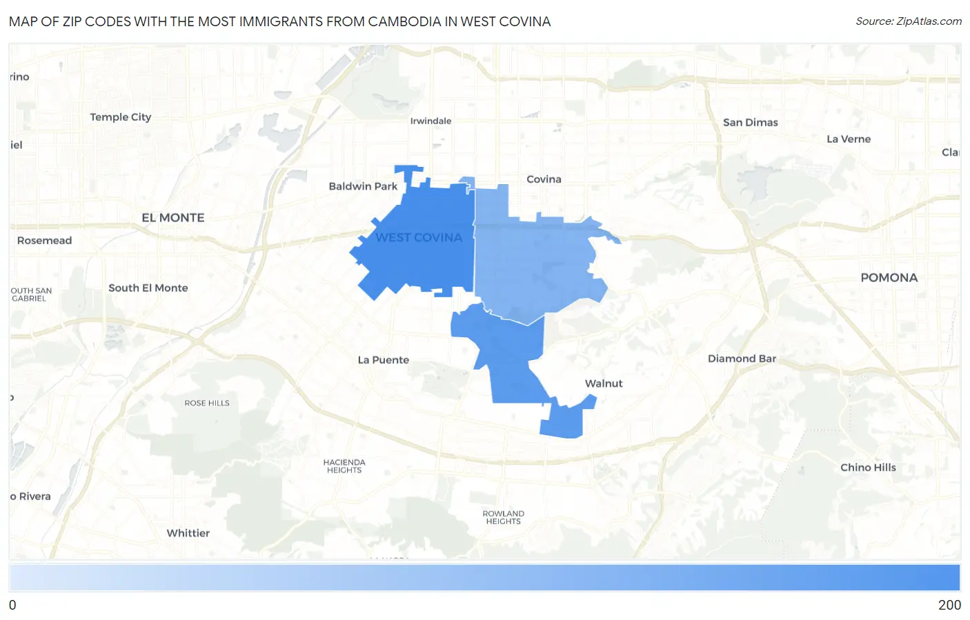 Zip Codes with the Most Immigrants from Cambodia in West Covina Map