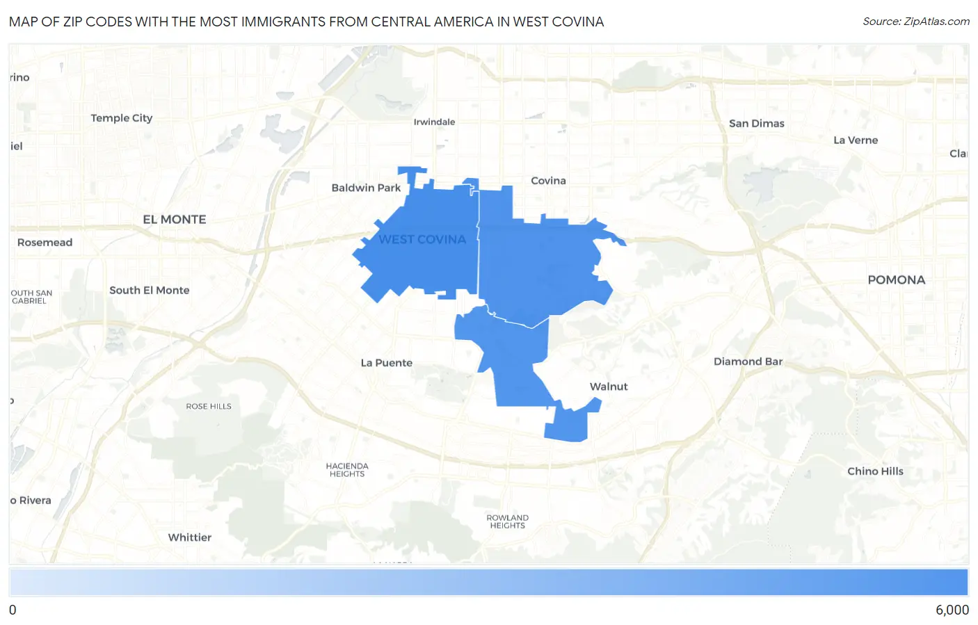 Zip Codes with the Most Immigrants from Central America in West Covina Map