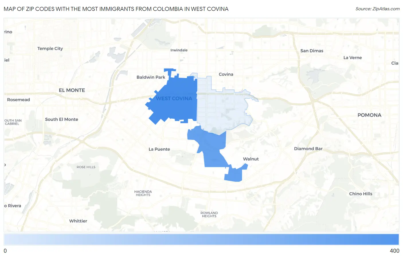 Zip Codes with the Most Immigrants from Colombia in West Covina Map