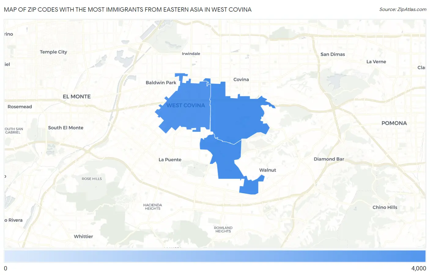 Zip Codes with the Most Immigrants from Eastern Asia in West Covina Map