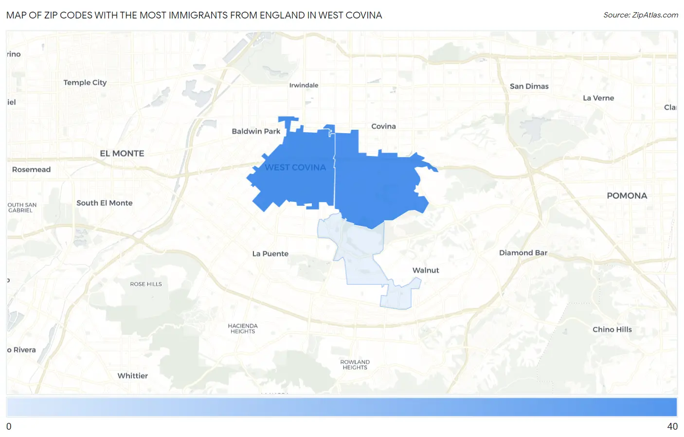 Zip Codes with the Most Immigrants from England in West Covina Map