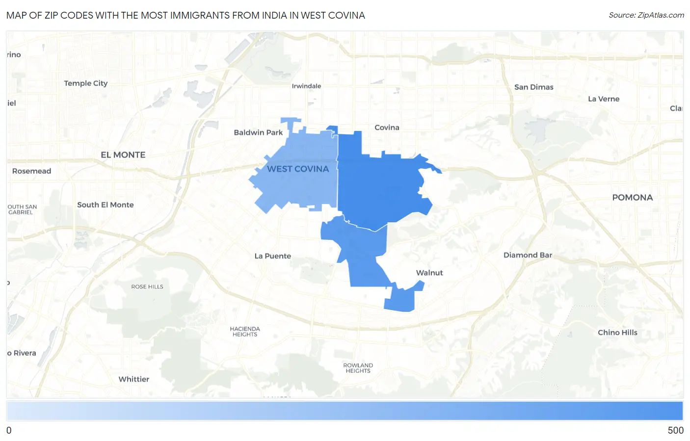 Zip Codes with the Most Immigrants from India in West Covina Map