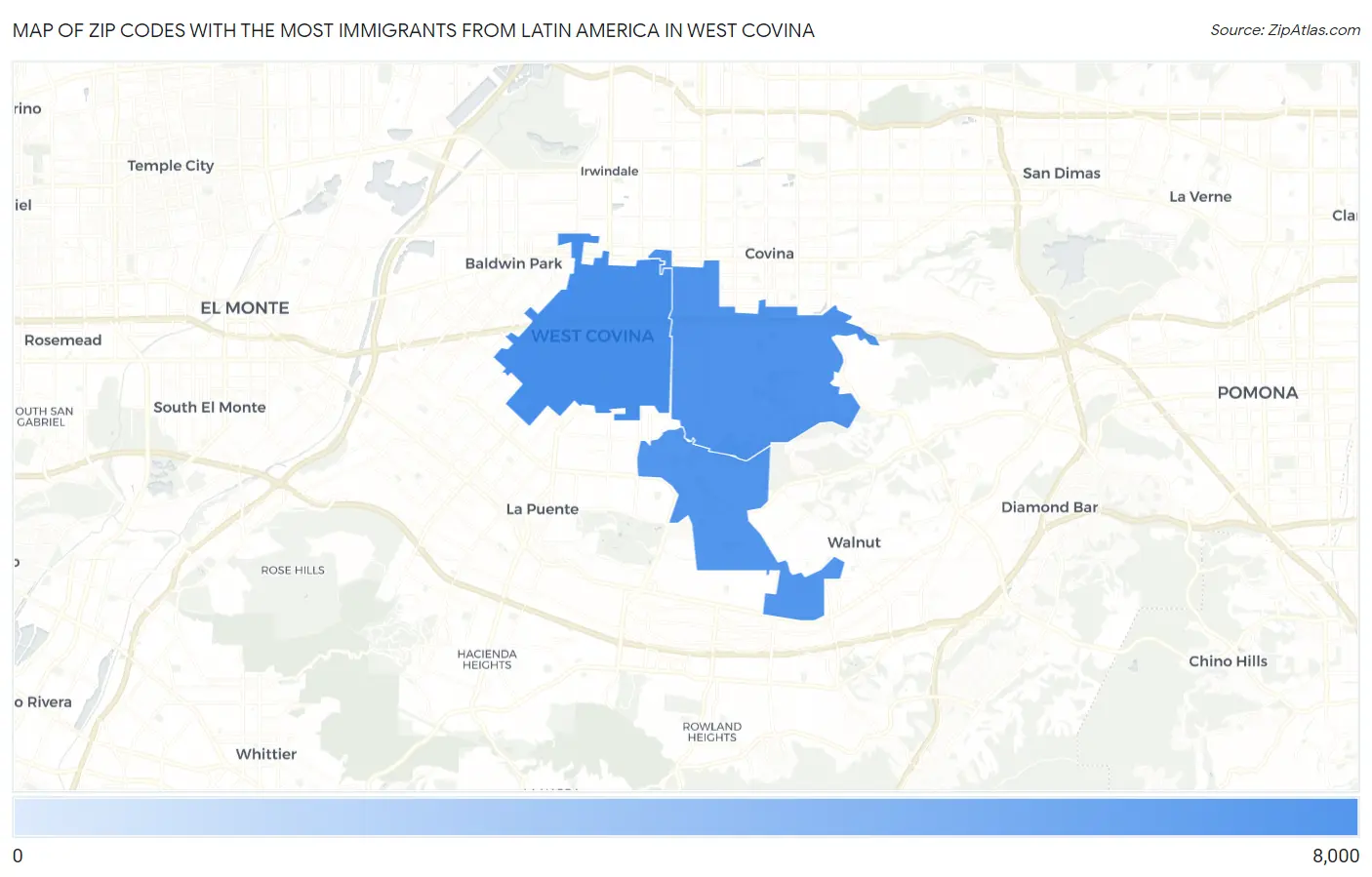 Zip Codes with the Most Immigrants from Latin America in West Covina Map