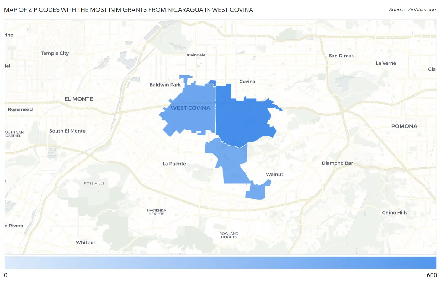 Zip Codes with the Most Immigrants from Nicaragua in West Covina Map