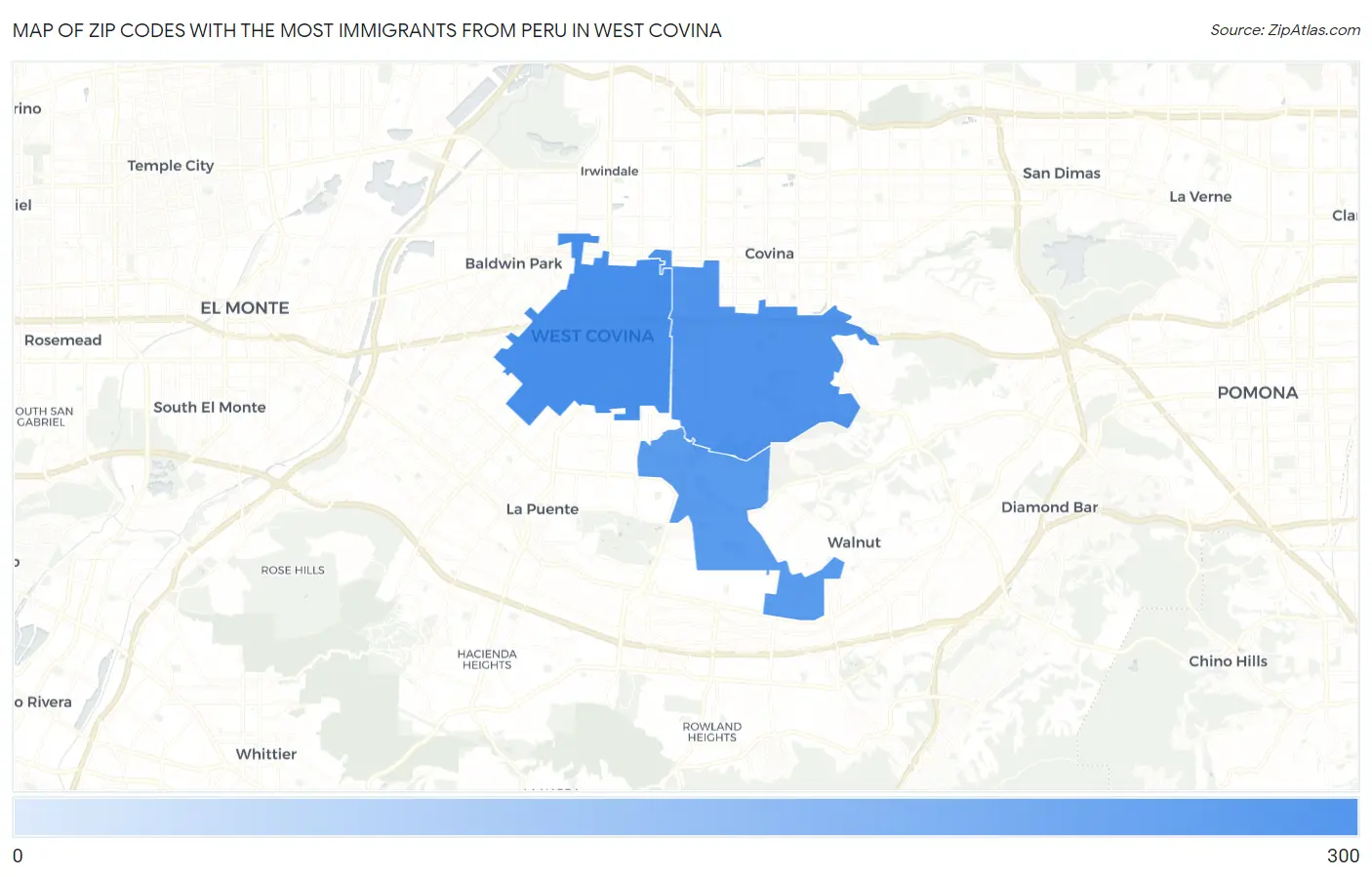 Zip Codes with the Most Immigrants from Peru in West Covina Map