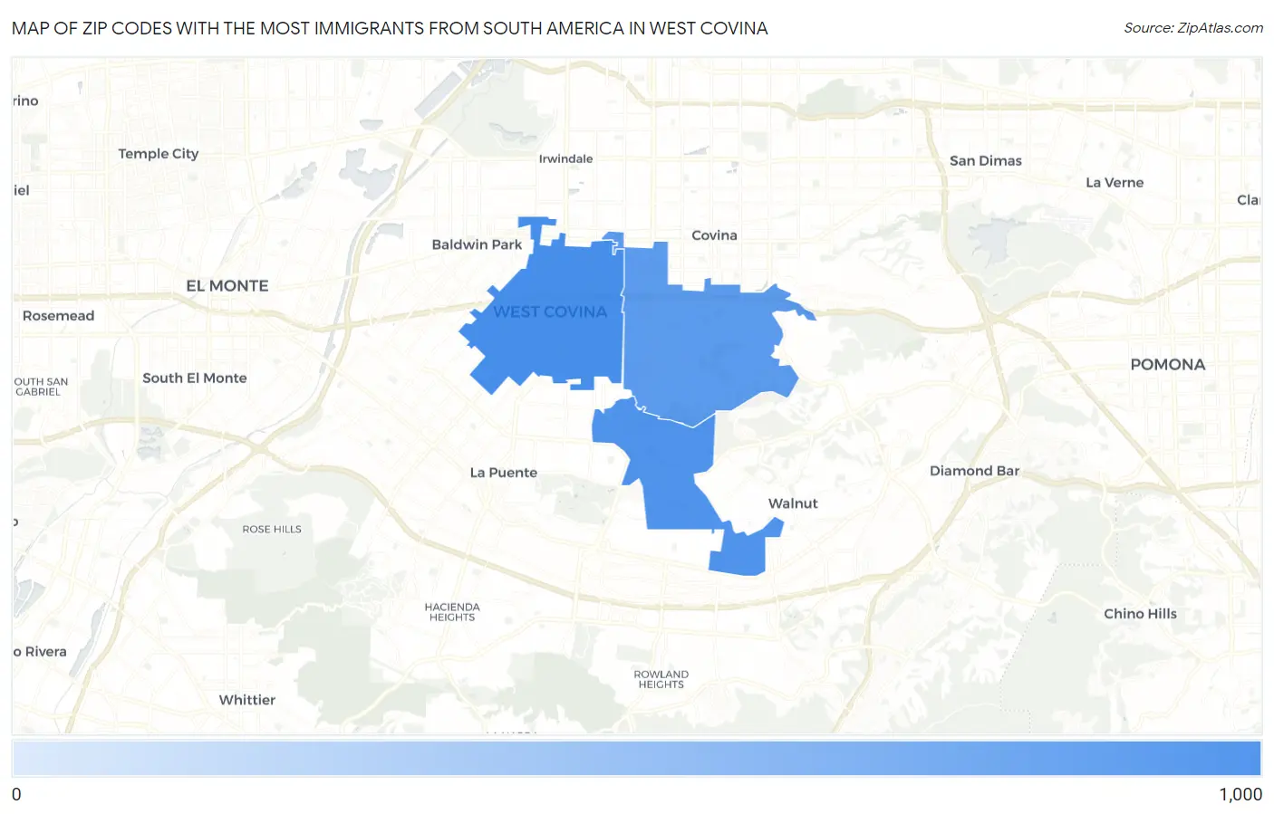Zip Codes with the Most Immigrants from South America in West Covina Map