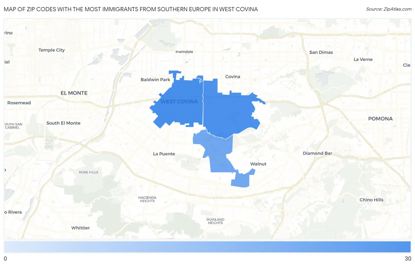 Zip Codes with the Most Immigrants from Southern Europe in West Covina Map