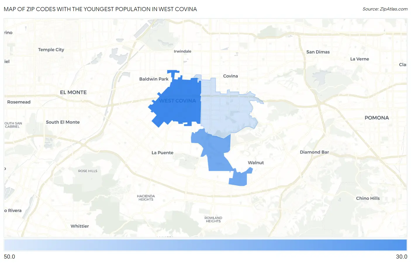 Zip Codes with the Youngest Population in West Covina Map