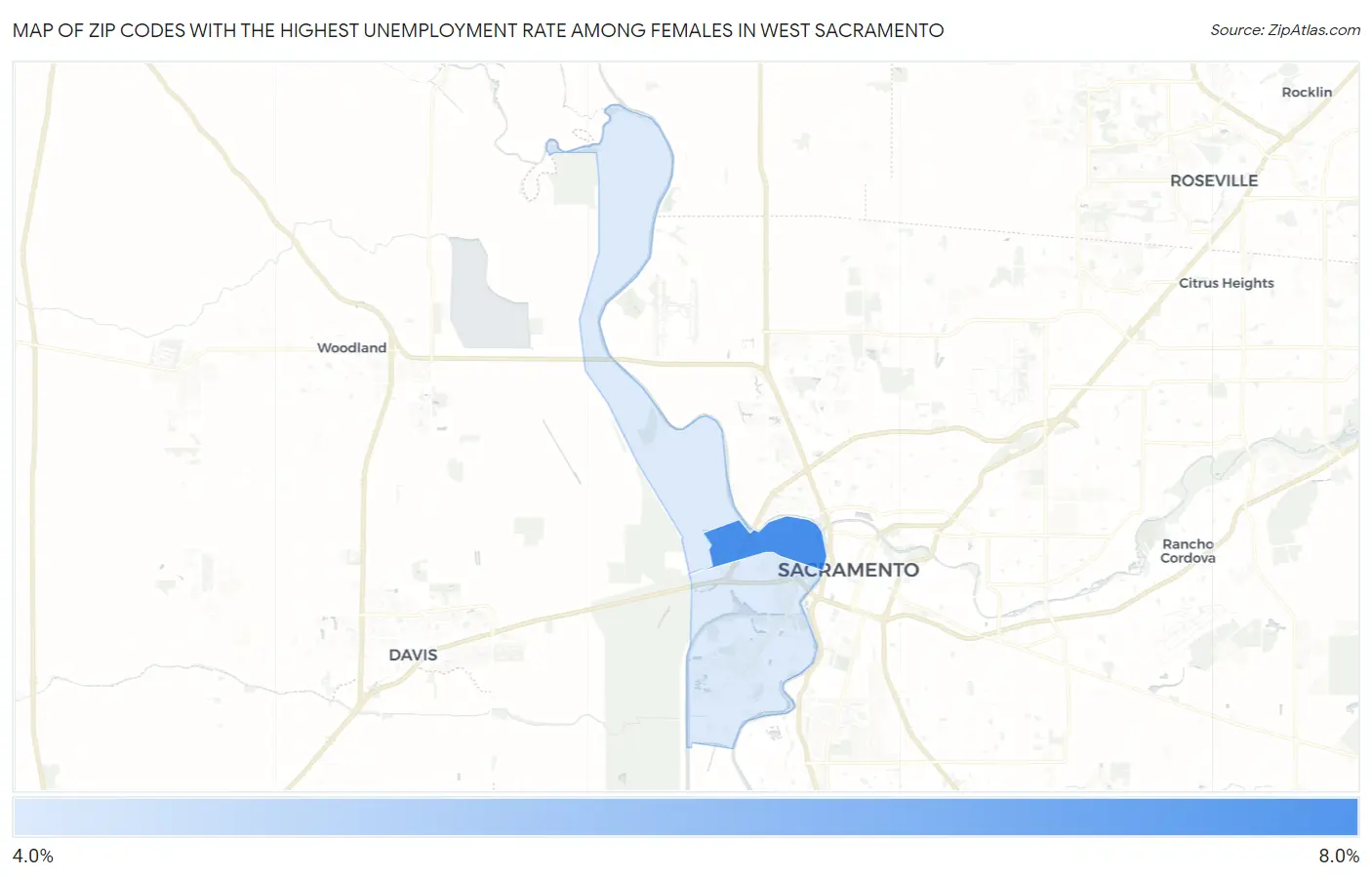 Zip Codes with the Highest Unemployment Rate Among Females in West Sacramento Map