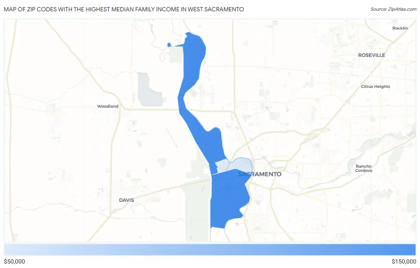 Zip Codes with the Highest Median Family Income in West Sacramento Map