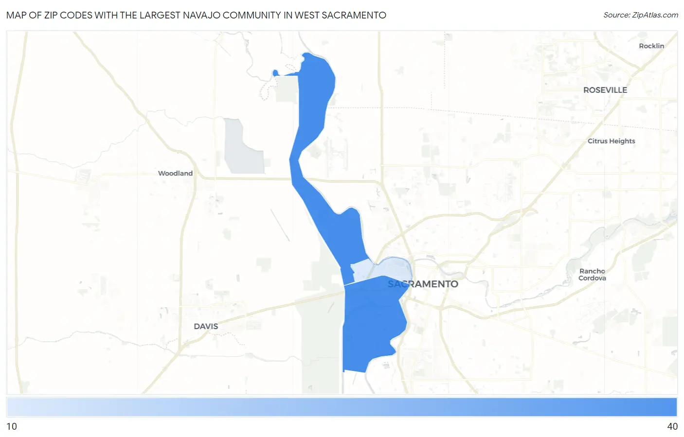 Zip Codes with the Largest Navajo Community in West Sacramento Map