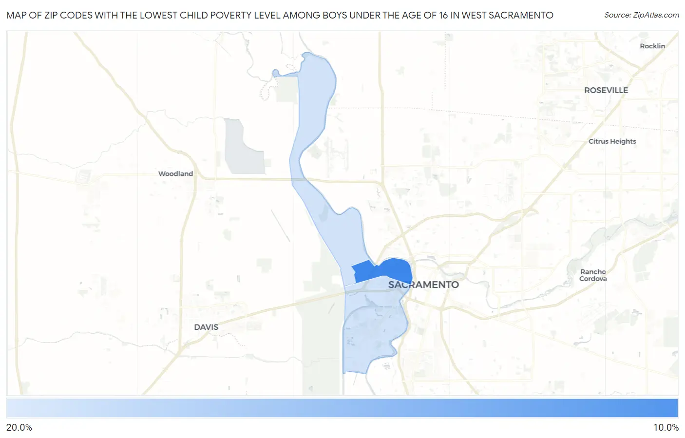 Zip Codes with the Lowest Child Poverty Level Among Boys Under the Age of 16 in West Sacramento Map