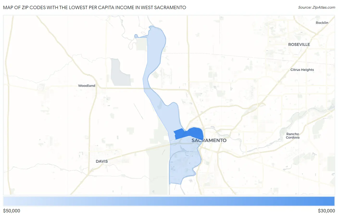 Zip Codes with the Lowest Per Capita Income in West Sacramento Map