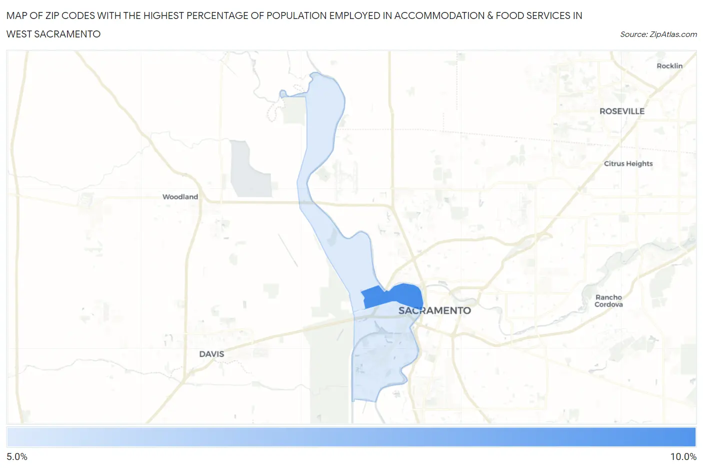 Zip Codes with the Highest Percentage of Population Employed in Accommodation & Food Services in West Sacramento Map