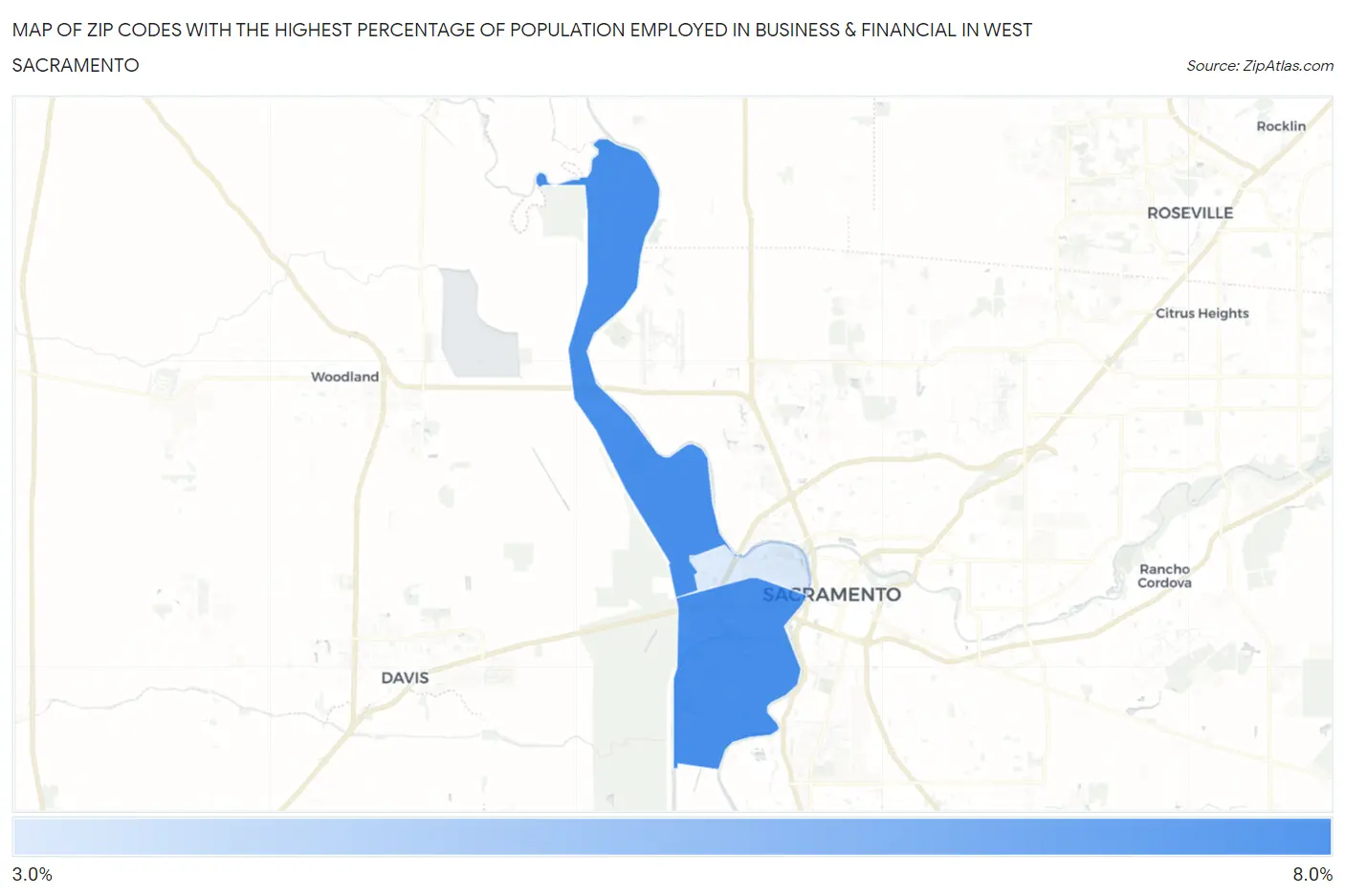 Zip Codes with the Highest Percentage of Population Employed in Business & Financial in West Sacramento Map