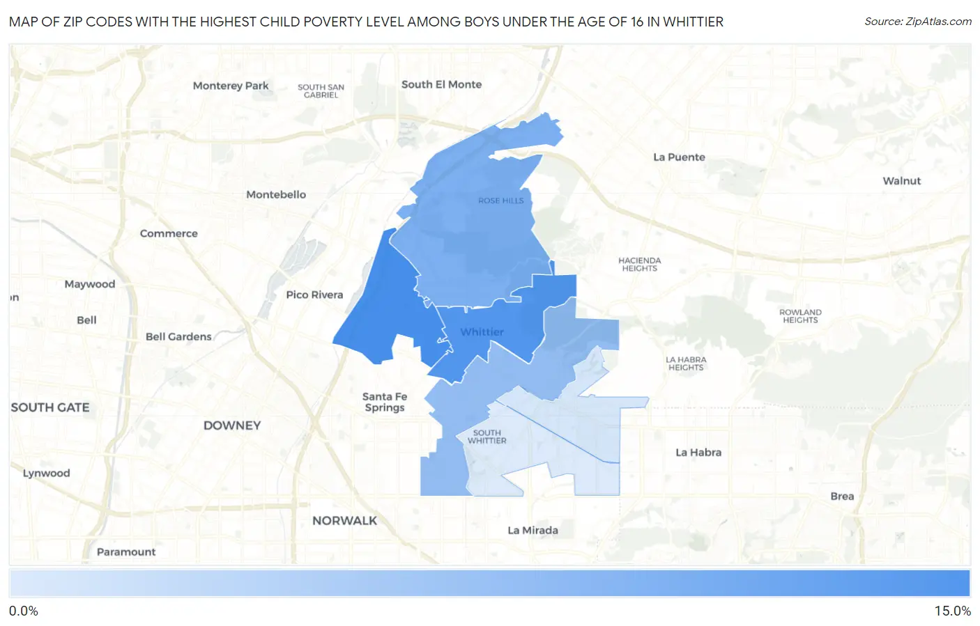 Zip Codes with the Highest Child Poverty Level Among Boys Under the Age of 16 in Whittier Map