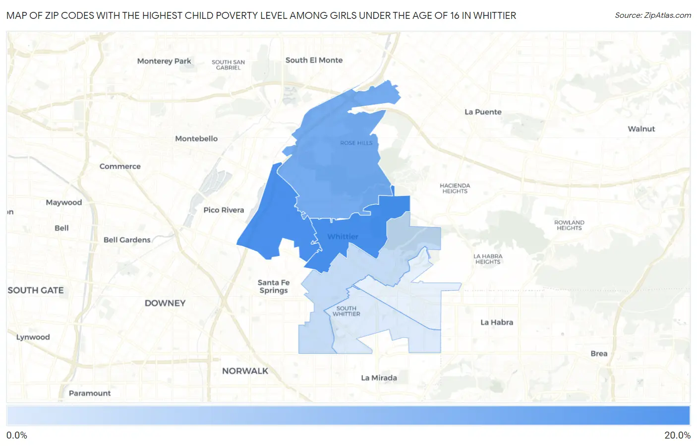 Zip Codes with the Highest Child Poverty Level Among Girls Under the Age of 16 in Whittier Map