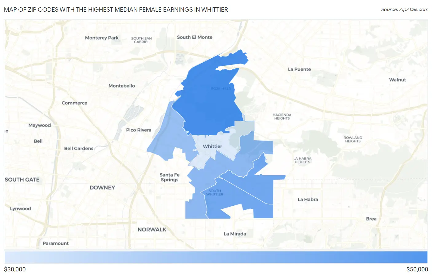 Zip Codes with the Highest Median Female Earnings in Whittier Map