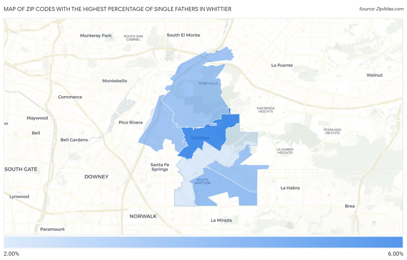 Zip Codes with the Highest Percentage of Single Fathers in Whittier Map