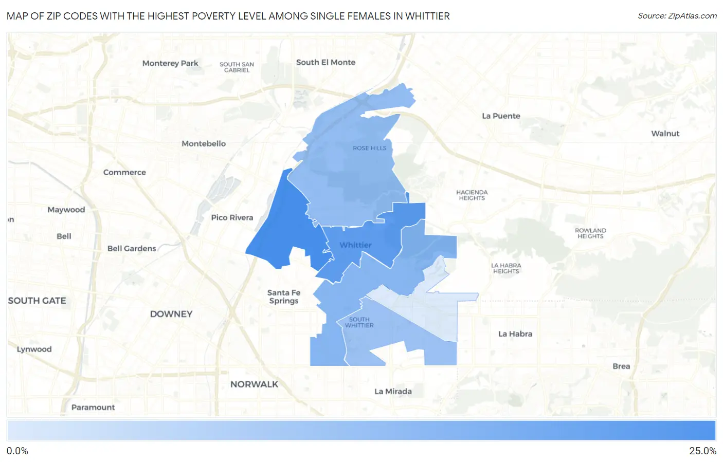 Zip Codes with the Highest Poverty Level Among Single Females in Whittier Map