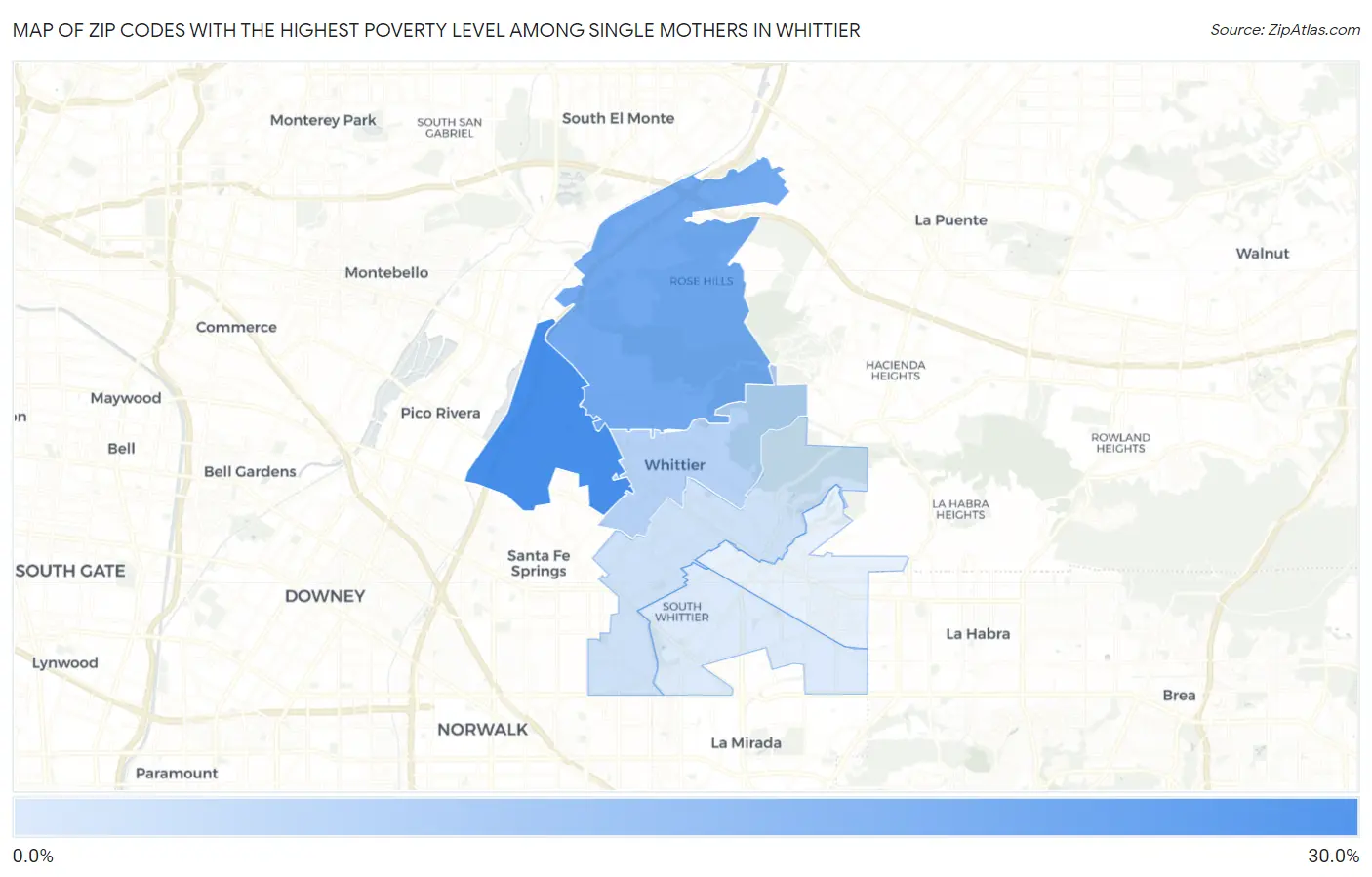 Zip Codes with the Highest Poverty Level Among Single Mothers in Whittier Map