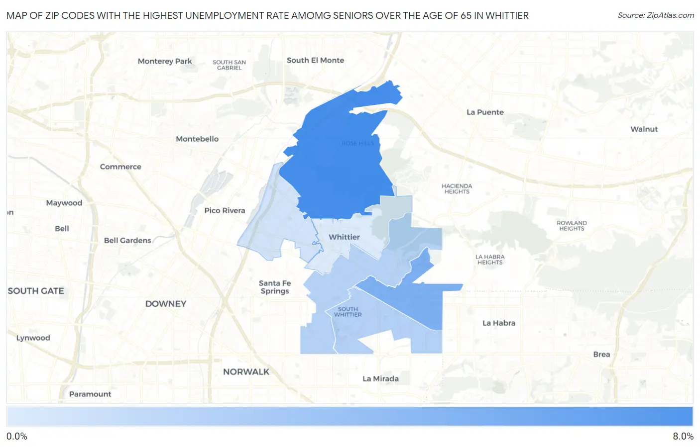 Zip Codes with the Highest Unemployment Rate Amomg Seniors Over the Age of 65 in Whittier Map