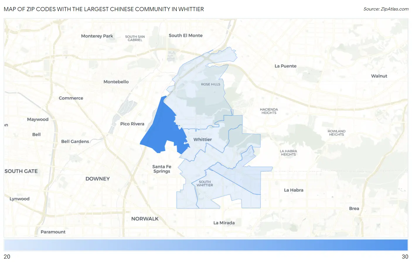 Zip Codes with the Largest Chinese Community in Whittier Map