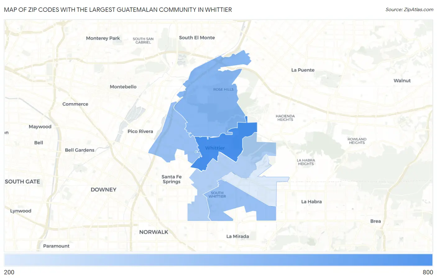 Zip Codes with the Largest Guatemalan Community in Whittier Map