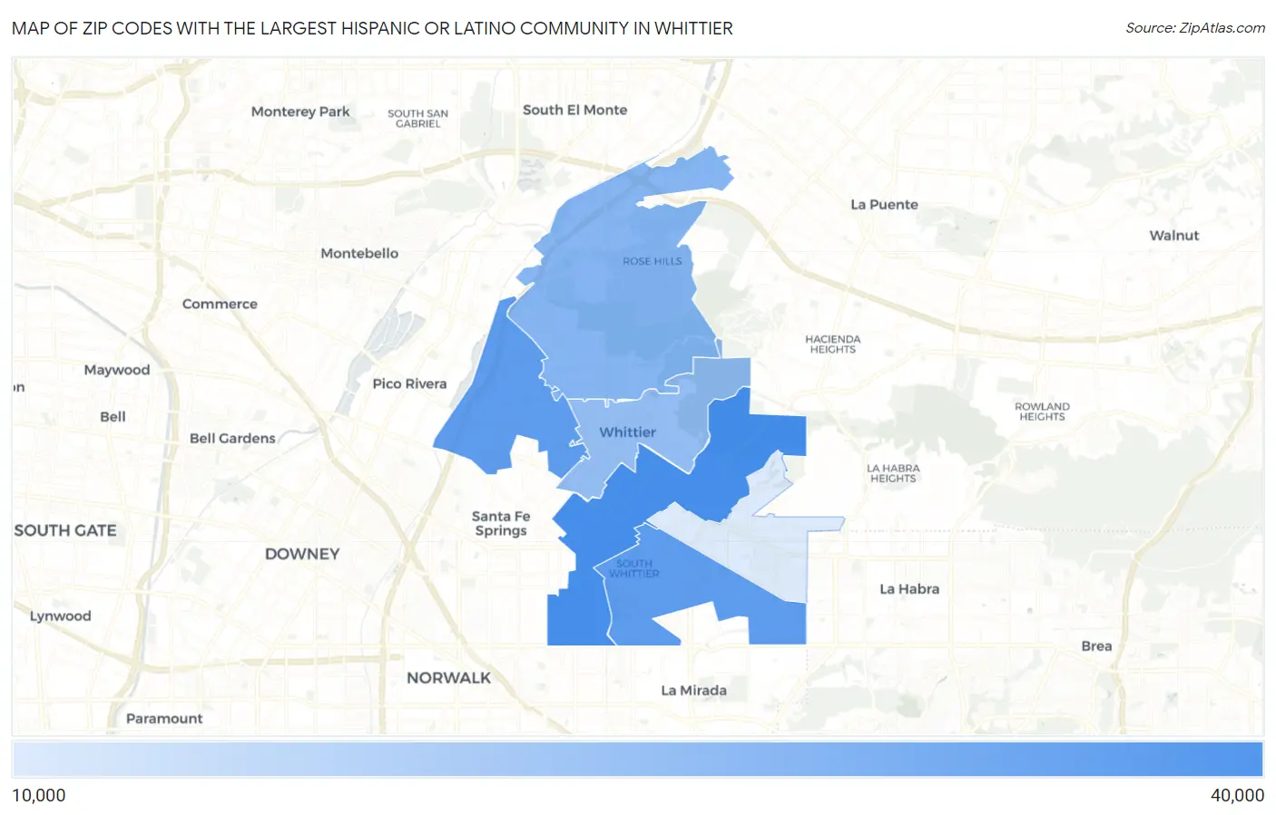 Zip Codes with the Largest Hispanic or Latino Community in Whittier Map